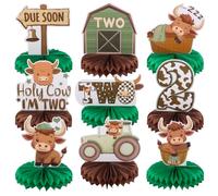 9pcs Holy Cow I'm Two Honeycomb Centerpieces Farm Second Birthday Party Table Decoration Barn Cow Tabletop Centerpieces for 2 Years Old Birthday Green Holy Cow Table Topper Sign Decors