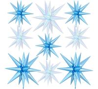 9Pcs Light Blue and Iridescent Star Balloons, Large Explosion Foil Balloons, Metallic Mylar Spike Balloon for Frozen Birthday Anniversary Snowflake Sea Party Supplies, 3Pcs 27 Inch & 6 Pcs 22 Inch