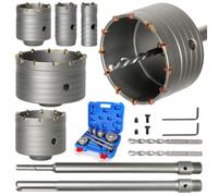 9Pcs Masonry Core Drill Bit Kit 30 40 65 80 100 mm with Hammer Adapter | Concrete Hole Saw Cutter with 2 Pilot Drills, 300mm SDS Plus Max Tungsten Carbide Shank for Brick Wall Dryer Vent Cement