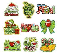 9Pcs Merry Christmas Iron on Patches Lime Green Red Noel Sew on Embroidered Applique Xmas Tree HOHOHO Gift Boxes Bell Bow Decorative Repair Patch for Christmas Winter Clothing Backpack Jean DIY Craft