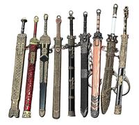 9PCS Mini Sword 4.7" Ancient Sword Keychain Zinc Alloy Key Chain Old Scabbard Decoration Pattern Keychain Uncut Blade Model for Men Women