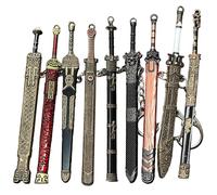 9PCS Mini Sword 4.7" Ancient Sword Keychain Zinc Alloy Key Chain Old Scabbard Decoration Pattern Keychain Uncut Blade Model for Men Women