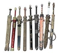 9PCS Mini Sword 4.7" Ancient Sword Keychain Zinc Alloy Key Chain Old Scabbard Decoration Pattern Keychain Uncut Blade Model for Men Women