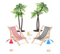 9pcs Miniature Beach Figurines Decor, Resin Coconut Palm Trees with Mini Umbrella And Lounge Chairs, Tiny Seaside Ornaments Cake Toppers for Cake Decorations Diy Dollhouse Fairy Garden Diorama Layout