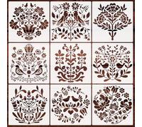 9pcs Navia Floral Stencils - Washable & Reusable Painting Polish Nordic Stencils with Intricate Botanical Designs for Walls, Furniture, Fabric, DIY Crafts Art Supplies, Furniture Crafting Supplies