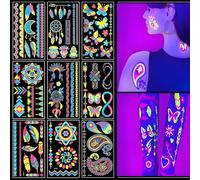9PCS Neon Temporary Tattoos, 200+ Multiple Unique Designs Glow in the Dark Temporary Tattoos for Women,UV Neon Waterproof Fake Tattoo Stickers Rave Festival Accessories for Women Girls Party Supplies