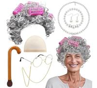 9PCS Old Lady Costume Set - Grandma Wig Cap Including Glasses Bracelet Necklace Inflatable Walking Stick and Earrings, Grandmother Fancy Dress Costume for Christmas Halloween World Book Day
