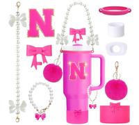 9PCS Pink Stanley Cup Accessories Set for 30oz 40oz Tumbler with Handle, Includes Pearl Strap, Bow Straw Toppers& Boot, Decorations Charms, Letter Sticker, Spill Proof Stoppers(Pink N)