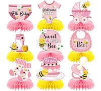 9pcs Pink Yellow Welcome Baby Bee Honeycomb Centerpieces Sweet As Can Bee Baby Shower Party Table Decorations Bumble Bee Tabletop Centerpieces for Newborn Hello Baby Table Topper Sign Decorations