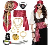 9PCS Pirate Costume Accessories,Medieval Renaissance Captain Role Play Set with Headscarf Sash Necklace Bracelet Eye-patch Earring Gold Coins Inflatable Pirate Saber for Women Men Halloween Carnival