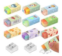 9pcs Plastic Rubber Erasers, Cute Fruit Eraser, Cube Dinosaur Erasers, Pastel School Rubbers, Rectangle Rubber Eraser with 2 Pencil Sharpeners for Students, Artists