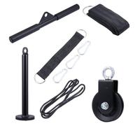9pcs Pulley Cable Machine Lift Training Kit with Loading Pin, Black | Nylon Cable, Silent Pulley Action, Detachable Handle, Straight Bar, Door Anchor Use, Travel-friendly Setup