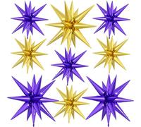 9Pcs Purple and Gold Star Balloons, Large Explosion Foil Balloons, Metallic Spike Balloon for Graduation Birthday Anniversary Wedding Disco Party Supplies, 3 Pcs 27Inch & 6 Pcs 22Inch