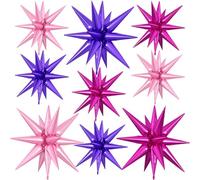 9Pcs Purple Pink Star Balloons, Large Explosion Foil Balloons, Metallic Spike Balloon for Birthday Anniversary Wedding Disco Party Supplies, 3 Pcs 27Inch & 6 Pcs 22Inch