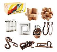 9pcs Puzzles Bulk Gift for Kids, Teens, and Adults - Retro Wooden & Metal Interlocking Brain Teaser Toys