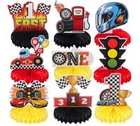 9pcs Race Car 1st Birthday Honeycomb Centerpieces Let's Go Racing Fast One Birthday Party Table Decoration Race Car Tabletop Centerpieces for Baby Shower One Years Old Car Table Topper Sign Decors