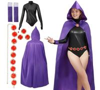 9PCS Raven Teen Titans Cosplay Costume, Raven Anime Hooded Purple Cape with Wig Red Gem Belt Gloves, Fancy Dress for Adult Women (Small)