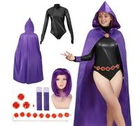 9PCS Raven Teen Titans Cosplay Costume, Raven Anime Hooded Purple Cape with Wig Red Gem Belt Gloves, Fancy Dress for Adult Women (Large)