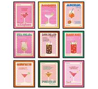 9Pcs Retro Cocktail Wall Art Colorful Alcohol Posters Prints Cute Preppy Room Aesthetic Decor Pictures for Party Apartment Dorm Bar Decoration Unframed