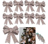 9PCS Rose Gold Christmas Glittered Decorative Tie-On Bows - 11cm, Festive Holiday Ornaments for Xmas Tree, Wreath & Gift Decoration