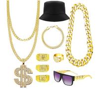 9Pcs Set Fake Gold Chain, 90's Fancy Dress Fake Rings, Etc for Various Themed Parties Such as Halloween, Featuring Hip-Hop Elements, Suitable for Both Men and Women
