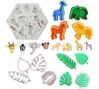 9Pcs/Set Jungle Safari Animal Cake Fondant Mold with Tropical Leaf Cookie Cutter, Hawaiian Palm Leaves Sugar Craft Cutters for Jungle Animals Brithday Party Baby Shower Cake Cupcake Decorations Tools