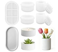 9Pcs Silicone Mould Set for Vase, Tray & Candle Holder, 4 Jar Moulds with Lids and 1 Oval Tray for Resin Casting, Flower Pot and Storage Box Moulds for Concrete, Resin, Wax(White)