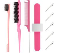 9PCS Smoothing Brush Set, Plastic Bristle Brush with Edge Comb, Double-Sided Ponytail Edge, Metal Duckbill Hair Clip, Magnetic Slap Bracelet, for Hairdressers, Women, Babies, and Children (Pink)