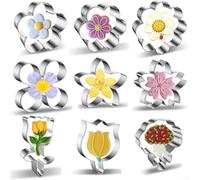 9Pcs Stainless Steel Flower Shaped Cookie Cutters Tulip Carnation for Lily Baking Set for Cakes Biscuits Fondant Pastry Decorating Tools