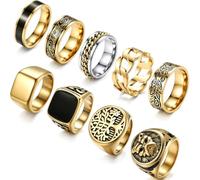 9Pcs Stainless Steel Gold/Silver Vintage Signet Rings for Men, Size 7-13 | Square Signet Rings Pinky Engraved Ring Thumb Retro Band Spinner Ring Polished-Edge Plated Mens Finger Ring Biker Rings Set