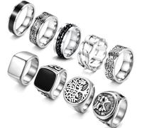 9Pcs Stainless Steel Gold/Silver Vintage Signet Rings for Men, Size 7-13 | Square Signet Rings Pinky Engraved Ring Thumb Retro Band Spinner Ring Polished-Edge Plated Mens Finger Ring Biker Rings Set