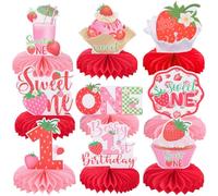9pcs Strawberry 1st Birthday Honeycomb Centerpieces One Year Old Birthday Party Decorations Sweet ONE Strawberry Tabletop Centerpieces Baby Shower First Birthday Table Topper Sign Decorations