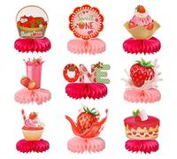 9pcs Strawberry Honeycomb Centerpieces, Sweet Strawberry Honeycomb Table Topper Fruit Theme Paper Decorations for Girls Birthday Party Supplies Baby Shower