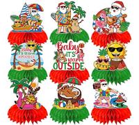 9pcs Summer Christmas Decorations Honeycomb Centerpieces 3D Double-sided Baby It's Warm Outside Hot Summer Christmas Table Decorations Santa Palm Tree Pattern Holiday Party Decor