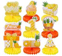 9pcs Summer Tropical Pineapple First Birthday Honeycomb Centerpieces Sweet One Pineapple Party Table Decorations Party Like A Pineapple Table Topper Sign Centerpieces for Baby Shower 1st Birthday