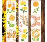 9PCS Sunflower Butterflies Stencils, Reusable PET Sun Flower Template, DIY Craft Paint Stencil with Metal Open Ring, for Painting on Wood Canvas Paper Fabric Wall Furniture, 8x11 Inches