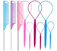 9pcs Topsy Hair Tail Tools & rat tail combs set, 6pcs Ponytail Pull Through Tool 3pcs Long Steel Pin Combs, Turvy Loop Styling Tool for Woman & Girl Hair Styling (Pink,Purple, Blue) Linmxiy