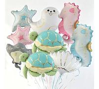 9Pcs Under The Sea Foil Balloons, Sea Turtle Seahorse Starfish Otter Stingray Seashell Balloons for Ocean Animal Birthday Beach Baby Shower Party Decorations Supplies