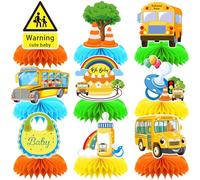 9pcs Welcome Baby School Bus Honeycomb Centerpieces Back to School Tabletop Centerpieces for Kindergarden Yellow Bus Baby Shower Party Table Decorations Newborn Hello Baby Table Topper Sign Decors