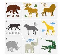 9Pcs Wild Animal Stencils for Painting, 15×15cm Leopard Lion Elephant Moose Stencil Drawing Template, Giraffe Crocodile Bear Rhino Wolf DIY Craft Paint Template for Wall Decor Wood Burning Journal