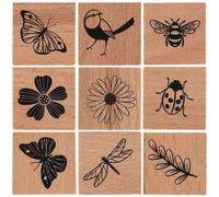9pcs Wooden Mounted Rubber Stamps, Vintage Cute Decorative Wooden Floral Stamp Set with Flower Butterfly Ladybug Dragonfly Bee Bird Pattern for Scrapbooking Journalism DIY Crafts