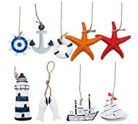 9Pcs Wooden Nautical Hanging Ornaments, Maritime Decoration, Mini Nautical Decoration Mini Beach Ornament Wooden Boat Anchor Starfish Lighthouse Bathroom Hanging Mediterranean Style Resin Crafts Model