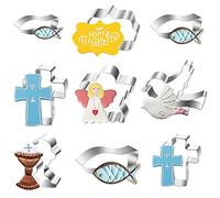 9Pieces Cookie Cutters Set, Geometric Cookie Cutters Shapes Biscuit Cutters, Stainless Steel Fondant Mould Cake DIY Baking Pastry Cutters with Holy Cross, Extra Large Cross, Fish, Angel and Dove