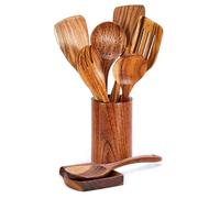 9Pieces Wood Serving Tool Set Slotted Turner Long Handle Cooking Shovel Wood Texture Cooking Sppon for Everyday Use Professional Utensils