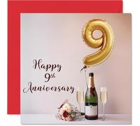 9th Anniversary Card for Women Men - Balloons & Bottle of Bubbly - Happy 9 Year Anniversary Card for Partner Wife Husband Companion, 145mm Wedding Anniversaries Greeting Cards