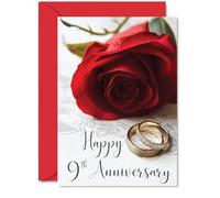 9th Anniversary Card for Women Men - Gold Rings Red Rose - Happy Wedding Anniversary Cards for Mum Dad Brother Sister Son Daughter, 5x7 Inch Greeting Cards