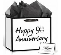 9th Anniversary Paper Gift Bag with Card & 3 Sheets Black Tissue Paper, Double Sided Nine Years Down Forever to Go Present Bag for Couple, Large Modern 9th Wedding Anniversary Wrap for Husband Wife