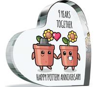 9th Anniversary Plaque Gifts for Wife Husband - Happy Pottery Anniversary - I Love You Romantic Acrylic Heart Gift For Women Men, 100mm x 100mm Present For Couples Ninth Wedding Anniversaries