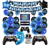9th Birthday Banner Decorations Kids - Blue Gaming Party Decor Set with Controller Foil Balloons, Happy Birthday Banners Balloon Cake Topper for Boys 9 Years Old Party Supplies