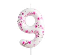 9th Birthday Candle Cherry Blossom Number 9 Candle Cherry Blossom Cake Decoration Birthday Party Supplies White Pink Sakura Themed Cake Topper Decoration for Kids Boy Girl Party Decor Supplies